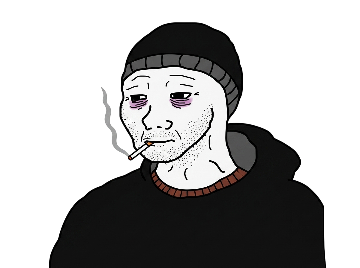 Doomer wearing a black beanie and hoodie, smoking a cigarette